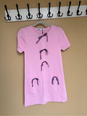 NWT Zara Pink Bow Detail Knit Mini Dress Size M